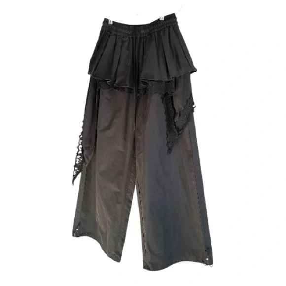Street Y2K Punk Nylon & Lace Skirt Wide Leg Pants Combo Black S Whimsigoth - Picture 7 of 16